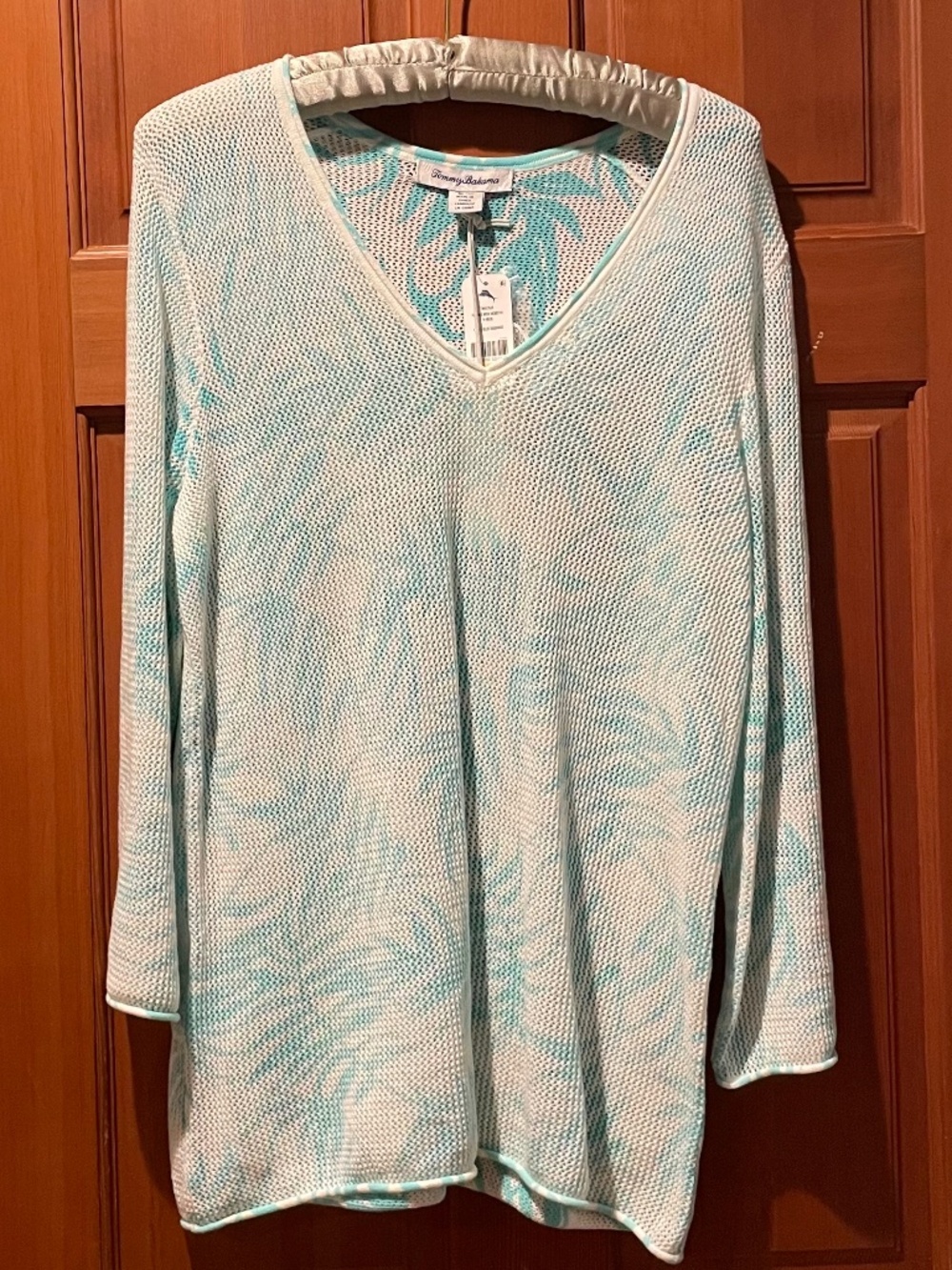NEW Tommy Bahama Medium Tropical Leaf Pattern V-neck Tunic Pullover in Teal